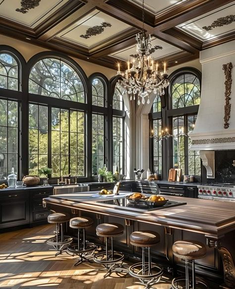 Kitchen With Big Windows, Huge Kitchen Luxury, Kitchen With Large Windows, Giant Kitchen, Manor Kitchen, Mansion Kitchen, Kitchen Design Gallery, Grand Kitchen, House Interior Design Styles