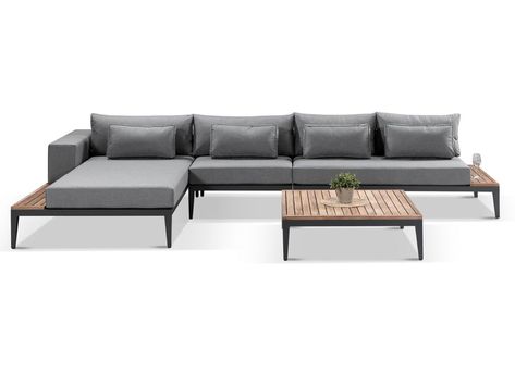 We took inspiration from modern elegant design trends and combined neutral tones to create these new sets. Incorporating teak wood, gunmetal grey metal and charcoal grey cushion fabric, these on trend sets will give your outdoor space a distinct look. L Sofa Set, L Sofa, L Sofas, Grey Cushion Covers, Teak Side Table, Outdoor Sofa Sets, Garden Sofa Set, Sunbrella Cushions, L Shaped Sofa