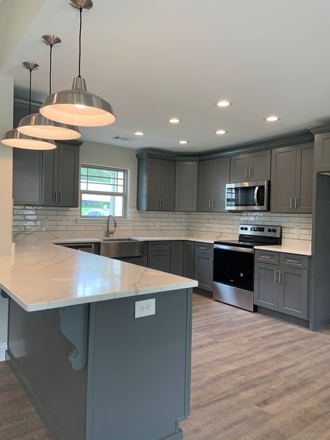 Grey Kitchen Cabinets Butcher Block Counter Tops, Grey Lvp Flooring Kitchen, Grey Floor Kitchen, Grey Kitchen Ideas Modern Gray, Grey Wood Floors Kitchen, Grey Kitchen Floor, Grey Kitchen Designs, House Interior Design Styles, Kitchen Remodel Inspiration