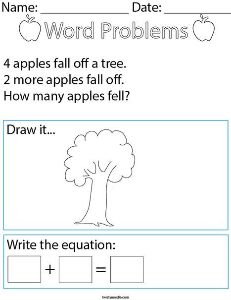 Apple Addition Word Problem- Kindergarten Math Worksheet - Twisty Noodle Word Problems For Kindergarten, Kindergarten Math Word Problems, Maths Worksheets For Kindergarten, Maths Word Problem For Grade 2, Addition Word Problems Kindergarten, Word Problems For 1st Grade Addition, Addition Story Problems Kindergarten, Word Problems Kindergarten, Simple Word Problems