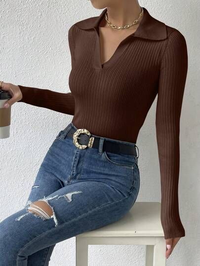 Polo Neck Ribbed Knit Sweater | SHEIN USA Brown Top Outfit, Long Sleeve Top Outfit, Pullovers Outfit, Joggers Outfit, Everyday Fashion Outfits, Brown Outfit, Women Sweaters, Color Cafe, Tops Casual