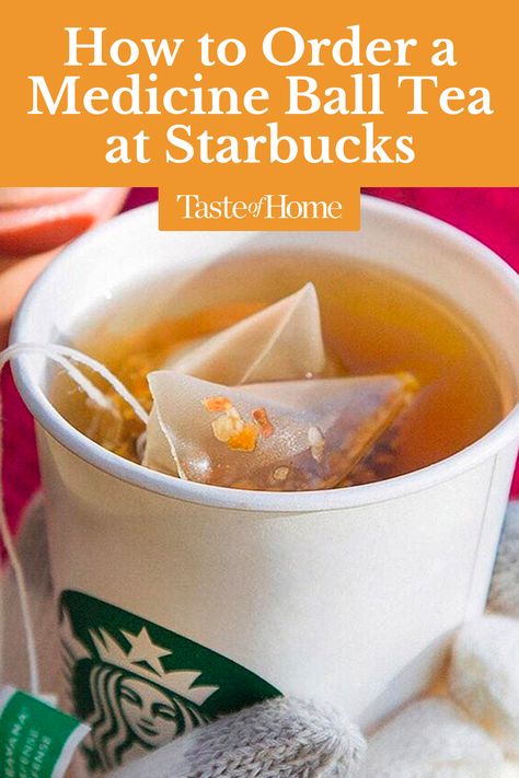 People swear by Starbucks' Medicine Ball as a cure-all! #starbucks #medicineball #tea #drinks Starbucks Recipes Medicine Ball, Medicine Ball Starbucks Order, Starbucks Sick Tea Sore Throat, Medicine Tea Starbucks, Starbucks Cold Remedy Tea, Medicine Tea Recipe, Starbucks Immunity Drink, Medicine Ball Starbucks How To Order, How To Order A Medicine Ball Starbucks