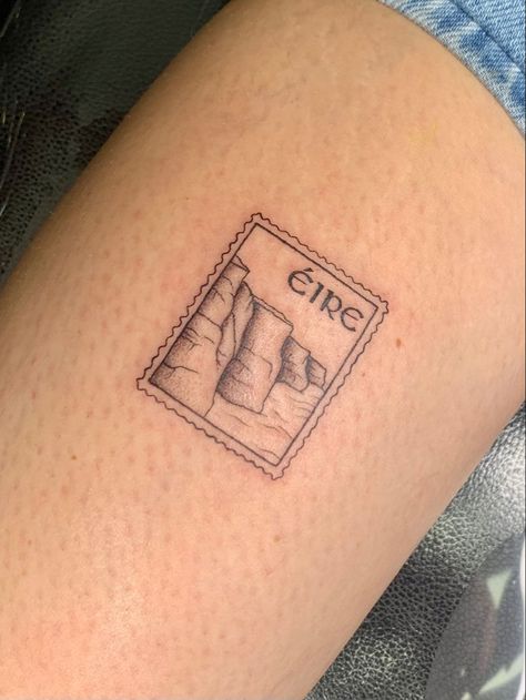 Ireland Postage Stamp Tattoo, Irish Post Stamp Tattoo, Tattoos For Ireland, Erin Go Bragh Tattoo, Tattoos In Irish, Irish Themed Tattoos, Ireland Travel Tattoo, Northern Ireland Tattoo, Ireland Outline Tattoo