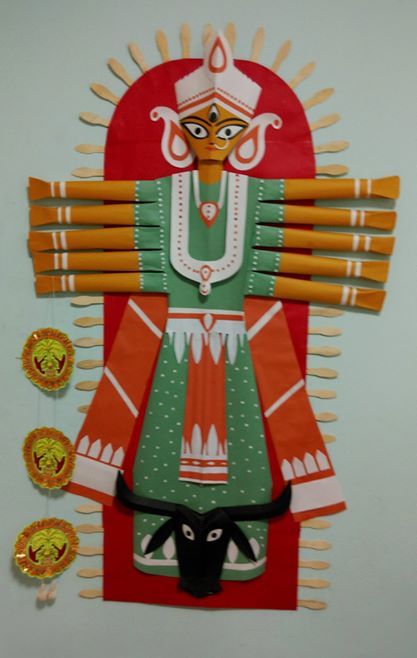 Durga idol in office Navratri Craft, Bangla Art, Durga Idol, God Painting, Pooja Decor, Ma Durga, School Art Activities, Medieval Tattoo, Airplane Crafts