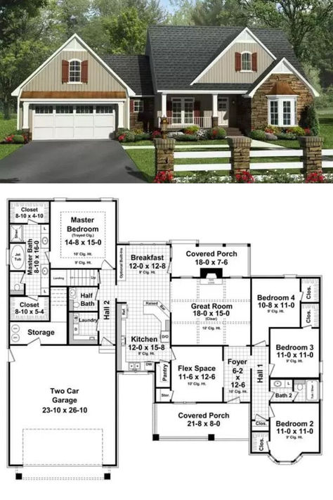 The Hampton Avenue 4-Bedroom Country Home with Front Porch and Bonus Room (Floor Plan) Home With Front Porch, Bonus Room Floor Plan, Room Floor Plan, Mansion Floor Plan, Wrap Around Porch, Country Bedroom, Floor Layout, 4 Bedroom House, Small House Plans