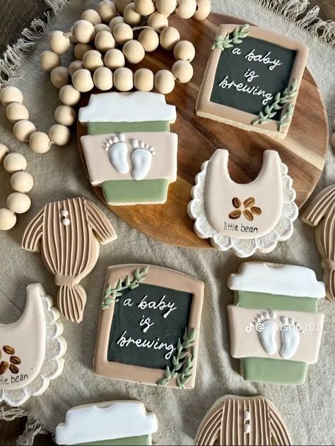 A Little Bean Is On The Way, Baby’s Brewing Shower Theme, Coffee Baby Shower Cookies, Baby Is Brewing Baby Shower Ideas, Something Is Brewing Baby Shower Theme, Coffee Bean Baby Shower Ideas, A Baby Is Brewing Coffee Baby Shower Ideas, Baby Brewing Shower Ideas Coffee, A Baby Is Brewing Cookies