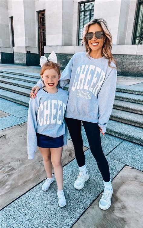 Cheer Competition Mom Outfit, Cheer Mom Sweatshirt, Cheer Mom Aesthetic, Cheer Mom Sweatshirt Ideas, Cheer Mom Outfit Ideas, Cheer Mom Outfit, Cheer Mom Shirt Ideas, Mama Aesthetic, Sports Mom Outfit