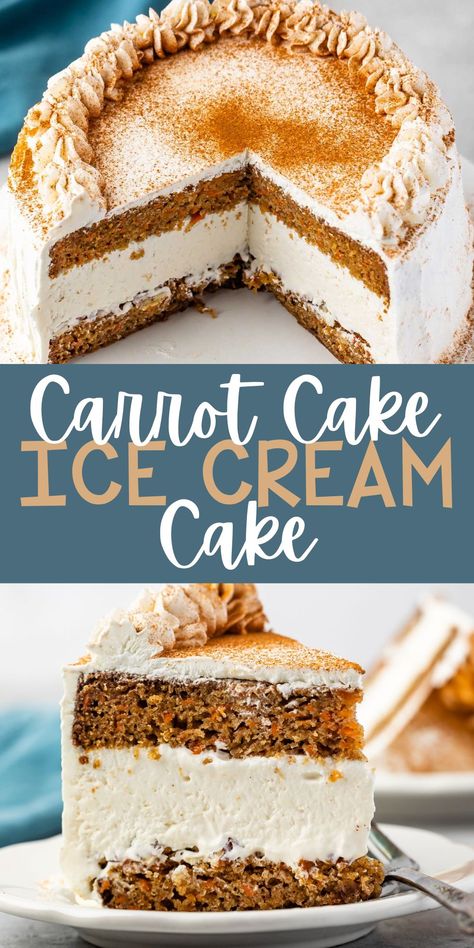 Carrot Cake Ice Cream Cake is a delicious soft carrot cake recipe filled with cream cheese ice cream - this is the perfect ice cream cake recipe! Carrot Ice Cream Cake, Ice Cream Carrot Cake, Carrot Cake Ice Cream Cake Recipes, Carrot Cake Ice Cream Recipe, Cheesecake Ice Cream Cake, Ice Cream Cake Recipe Homemade, Carrot Cake Ice Cream, Cream Cheese Ice Cream, Layered Ice Cream Cake