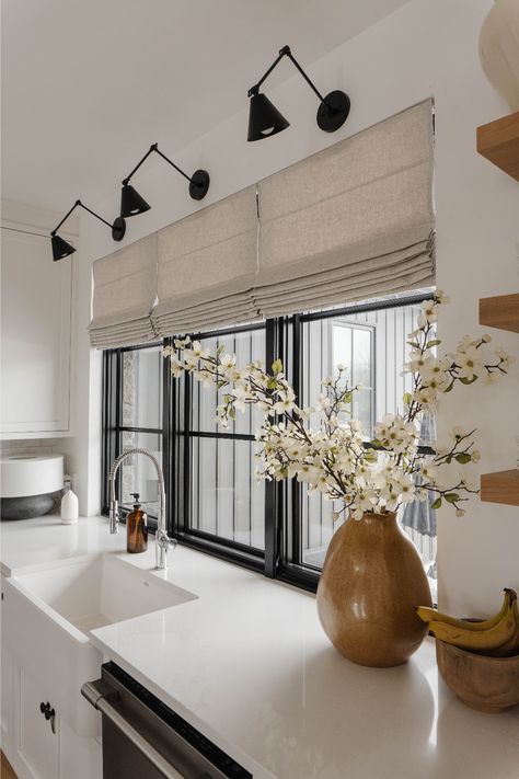 Roman shades for your window Curtains Kitchen Window Modern, Modern Curtains Kitchen, Roman Shades For Kitchen Windows, Linen Roman Shades Kitchen, Roman Blinds Kitchen Modern, Shade For Kitchen Window, Shades In Kitchen Window, Neutral Roman Shades, Bathroom Roman Shade