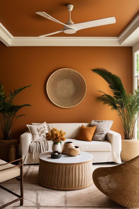 Terra Cotta Accent Wall Living Room, Adobe Living Room, Sofa Area Externa, Living Room Ideas On A Budget, Room Ideas On A Budget, African Interior Design, Colourful Living Room Decor, African Interior, Latest Living Room Designs