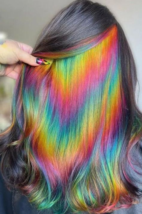 Hidden Rainbows On Dark Hair Updo Cabello Natural, Hidden Rainbow Hair, Kids Hair Color, Haircut Idea, Layers Haircut, Hidden Hair Color, Winter Hair Color Trends, Winter Hair Color Ideas, Dip Dye Hair