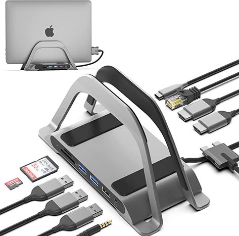 Amazon.com: HumanCentric USB C Hub for MacBook, Laptop Docking Station and MacBook Stand Compatible with MacBook Pro and Air, Dual Monitor Adapter, Multiport USB C Dock for Mac, 10 Ports with USB 3.0, Ethernet : Electronics Laptop Docking Station Setup, Macbook Pro Desk Setup, Macbook Pro Setup, Vertical Monitor, Dual Monitor Desk, Macbook Stand, Laptop Docking Stations, Mac 10, Mac Setup