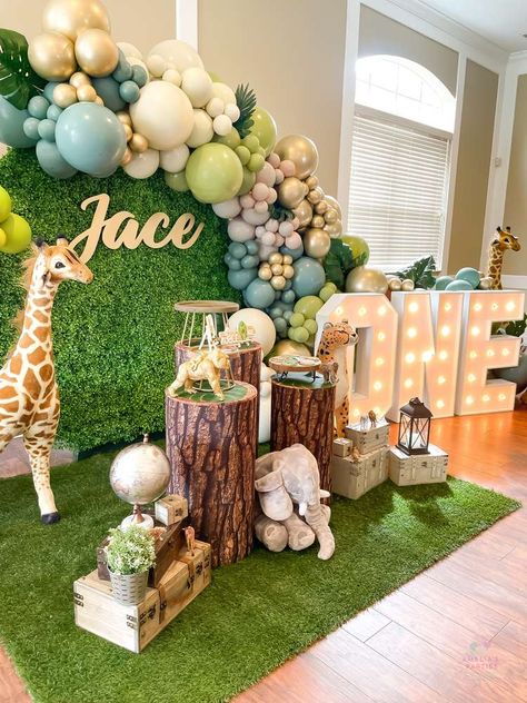 Jungle Decorations Birthday, Wild One Theme Party, Wild One Birthday Party Decor, Birthday Decoration Jungle Theme, Animal Theme Party Decorations, Boy Baby Birthday Theme, Wild One Birthday Center Piece, 1st Birthday Baby Boy Theme, First Birthday Boy Animal Theme