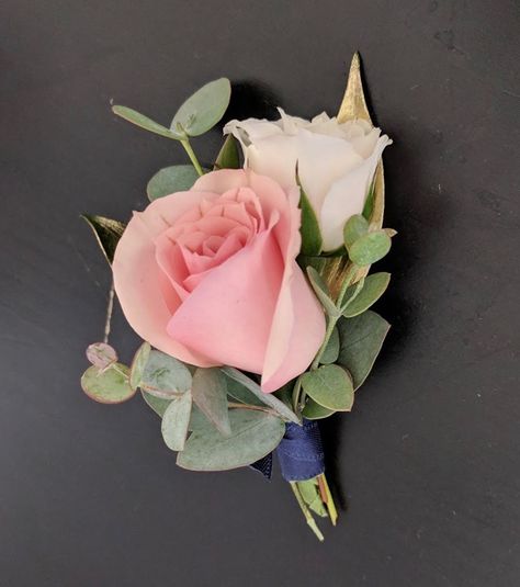 Pink and white spray rose with gold accents and navy wrap Blue Corsage, White Spray Roses, White Boutonniere, Rose Boutonniere, Spray Roses, Boutonniere, Pink Rose, White Roses, Pink Blue