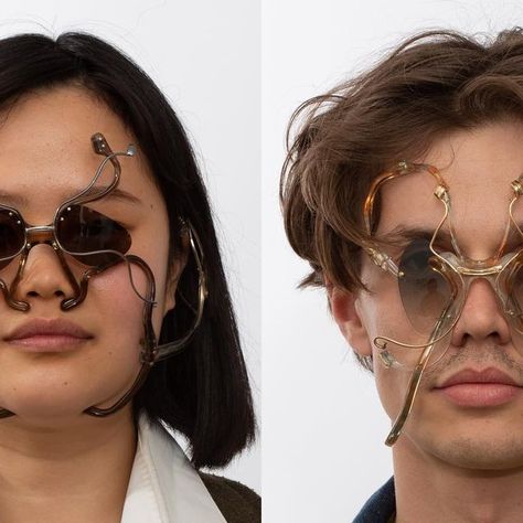 gastt Fashion on Instagram: "Eyewear made from upcycled components of glasses, designed by Clara Besnard in collaboration with Bidules. 
( @clabesnard x @bidules.eyewear .)

“Eye Contact leads a face study as a way of thinking the relation to ourselves and to others. When our face is subjected to physical modifications, are we becoming someone else? Does our identity distort too?… As sunglasses hinders the visual dialogue between two faces, it imposes a self conversation which is all this collection is about: externalising on our faces a spiritual skeleton, the one that articulates our identities.”

Photography: @2sntoss .

Models: 
@nj_oh
@sambouffandeau
@theylovecrc
@therese.f
@anouknoee
@martijn98
@supahmano 

previously seen posted by @opticali_style 🙏" Spiritual Skeleton, Interesting Glasses, Gastt Fashion, Unique Eyewear, Semester 2, Face Study, Two Faces, Time Machine, Eye Contact