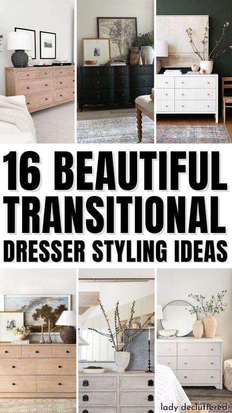 16 Beautiful Transitional Dresser Styling Ideas Decor Ideas For Bedroom Dresser, Boho Dresser Top Decor, Styling Your Dresser Top, Transitional Bedroom Decor Ideas, Decorating Bedroom Ideas Master Dressers, Two Dresser Bedroom Layout, Simple Dresser Design, How To Decorate Your Dresser Top Master Bedrooms, Decorating Bedroom Dresser Top