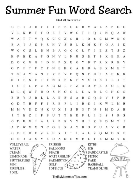 Free Summer Fun Word Search Printable - Thrifty Mommas Tips Summer Word Search, Ten Birthday, Fun Sheets, Spring Word Search, Fun Word Search, Summer Puzzle, Free Word Search Puzzles, Batgirl Art, Summer Kindergarten