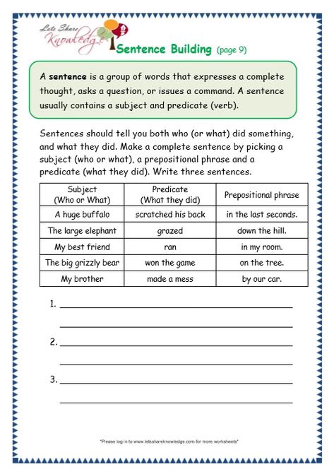 Grade 3 Grammar Topic 35: Sentence Building Worksheets - Lets Share Knowledge Correcting Sentences 3rd Grade, Sentence Construction Worksheets, Building Sentences Worksheets, Topic Sentence Worksheet, Sentence Worksheet, Sentence Building Worksheets, Article Grammar, School Refusal, Kinds Of Sentences