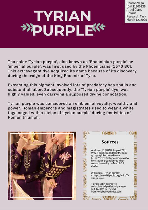 Origin and meaning of Tyrian purple or Phoenician purple. Tyrian Purple, Research Poster, Art References, Purple Fashion, Rwby, Philosophy, Art Reference, Color Palette, Fan Art