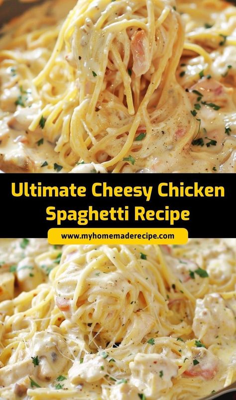 This Ultimate Cheesy Chicken Spaghetti is a comforting, cheesy dinner that the whole family will love. With tender chicken and creamy sauce, it’s a go-to recipe for busy nights Pastas For Dinner, Amish Cheesy Chicken Spaghetti, Crockpot Creamy Cheesy Chicken Spaghetti, Spaghetti Noodle Dinner Ideas, Rotisserie Chicken Spaghetti Recipe, Cheesy Chicken Spaghetti Recipe, Quick Chicken Spaghetti Recipe, Chicken Spaghetti Cream Cheese, Chicken Spaghetti For Two