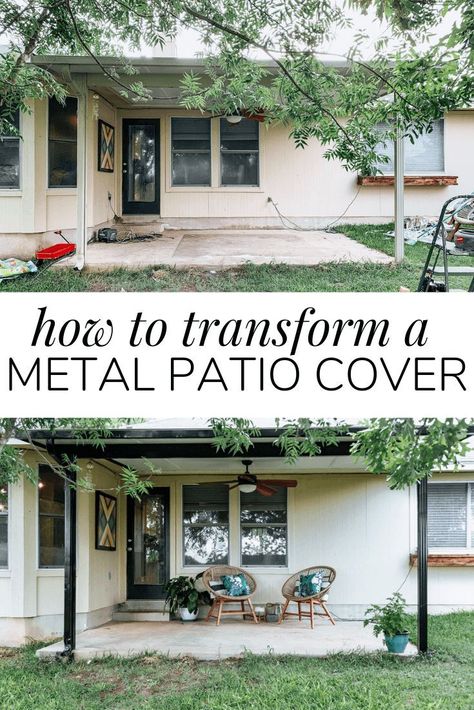 How to transform a metal patio awning. Do you have an ugly patio cover that you want to get rid of? Try painting it! It's cheap and easy to give your patio covering a makeover and you just might fall in love with it! #backyard #patio #backporch Back Porch Awning Covered Patios, Metal Awning Makeover, Metal Awning Patio, Metal Patio Covers, Patio Covering, Aluminum Patio Covers, Aluminum Awnings, Porch Awning, Front Yard Patio