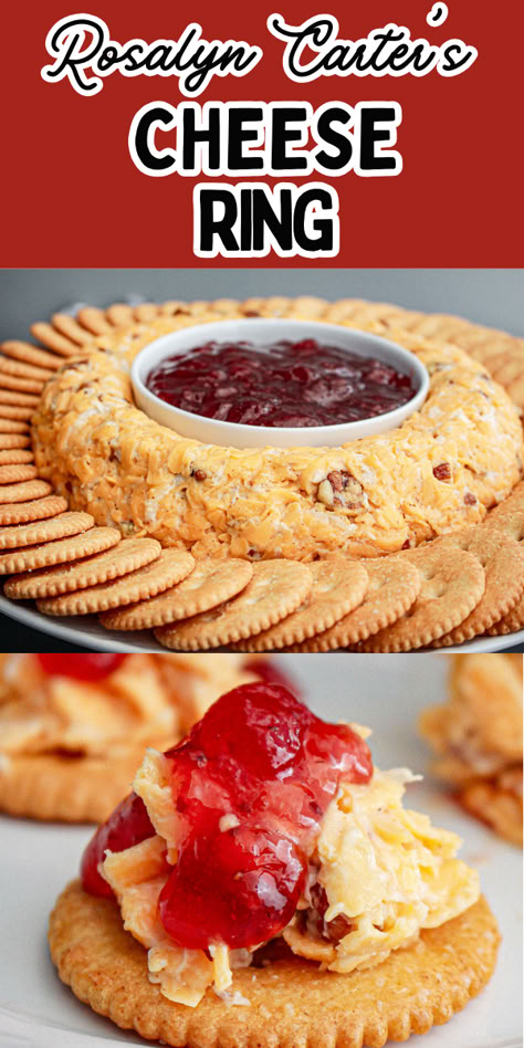 Cheese ring on a plate surrounded by crackers. Cheese Dip With Strawberry Preserves, Cheddar Cheese Ring With Strawberry Jam, Pecan Cheddar Cheese Ring, Bacon Cheese Ring With Jam, Cheese Ring With Strawberry Preserves, Bacon Jam Appetizer, Simple Christmas Appetizers, Crowd Finger Foods, Inexpensive Appetizers