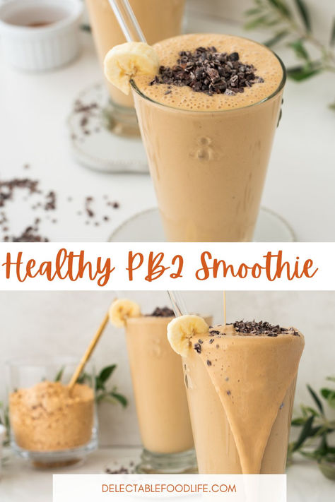 Peanut Butter PB2 Powder Smoothie with jar of PB2 Powder Healthy Pb2 Smoothie, Pb And Banana Smoothie, Greek Yogurt Peanut Butter Smoothie, Banana Protein Smoothie Recipe, Healthy Peanut Butter Milkshake, Healthy Pb Fit Recipes, Pb2 Smoothie Healthy, Pb&j Protein Shake, P2b Recipes Smoothie