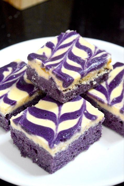 No Bake Ube Cheesecake Recipe, Mini Ube Cheesecake, Ube Cheesecake Bars, Vegan Ube Cheesecake, Easy Ube Dessert, Cheesecake Bars, Food Diary, Unsalted Butter, Melted Butter