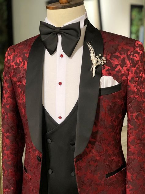 Black And Red Tux, Red Prom Suit, Red Tux, Black Prom Suits, Dark Red Suit, Prom Tux, Black And Red Suit, Tuxedo Colors, Red Tuxedo