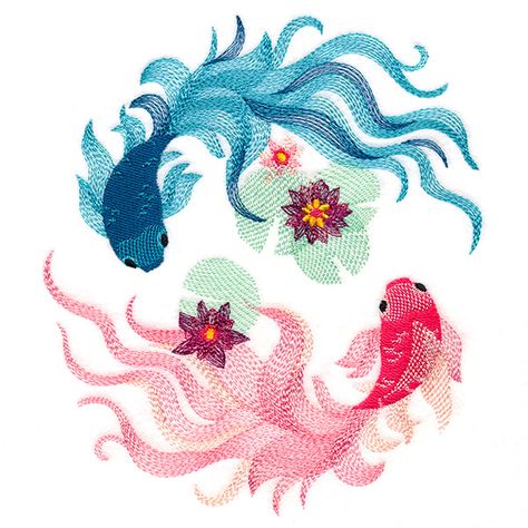 These serene koi fish are ready to make a splash on pillows, jackets, wall art, and more. This machine embroidery design contains sheer stitching; embroider on solid-colored fabric for best results. Embroidery On Jackets, Towel Bathroom, Waffle Weave Towels, Freestanding Lace Embroidery, Towel Design, H Design, Holiday Flower, Fish Patterns, Embroidered Towels