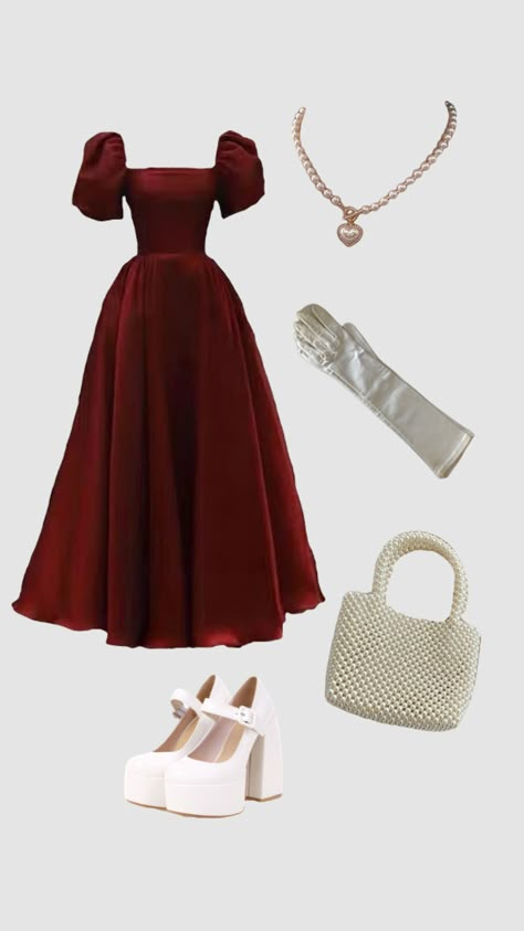 burgundy red dress outfit ✨ Dark Red Dress Outfit, Haljine Za Krizmu, Princesscore Fashion, Burgundy Red Dress, Vintage Aesthetic Outfits, Outfit Shuffles, Icy Pink, Cottage Dress, Dark Red Dresses