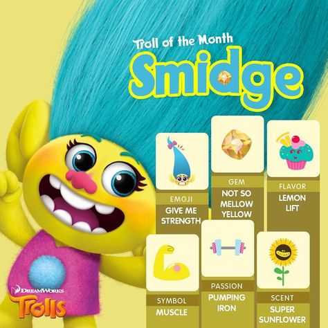 She may be small, but she sure is mighty! March’s Troll of the Month is SMIDGE! Smidge Trolls, Dreamworks Trolls, Pops Cereal Box, Dreamworks, Give It To Me, Halloween, Books, Quick Saves