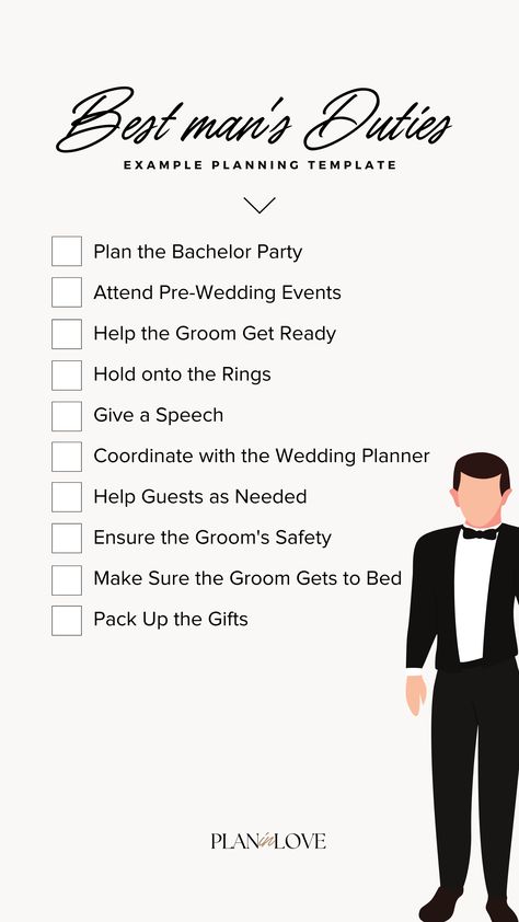 Be the ultimate wingman for the groom with our best man’s duties checklist. Our guide includes everything you need to know, from planning the bachelor party to making a toast at the reception. Don’t miss a beat - check out our guide now! Groomsmen Duties Checklist, Best Man Checklist, Groom Checklist For Wedding, Grooms Wedding Checklist, Best Man Duties Checklist, Groom To Do List For Wedding, Best Man Responsibilities, Groomsmen Duties, Wedding Party Checklist