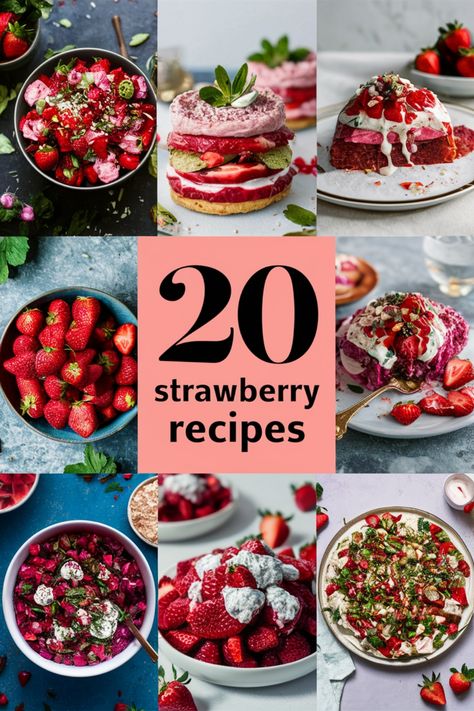 20 strawberry recipes displayed with various dishes made using strawberries. Strawberry Shortcake 90s, Strawberry Desserts Easy Quick, Strawberry Snack Ideas, Strawberry Desserts Healthy, Strawberry Desserts Recipes, Strawberry Dessert Ideas, Strawberry Banana Recipes, Recipes With Strawberries, Strawberry Yogurt Parfait