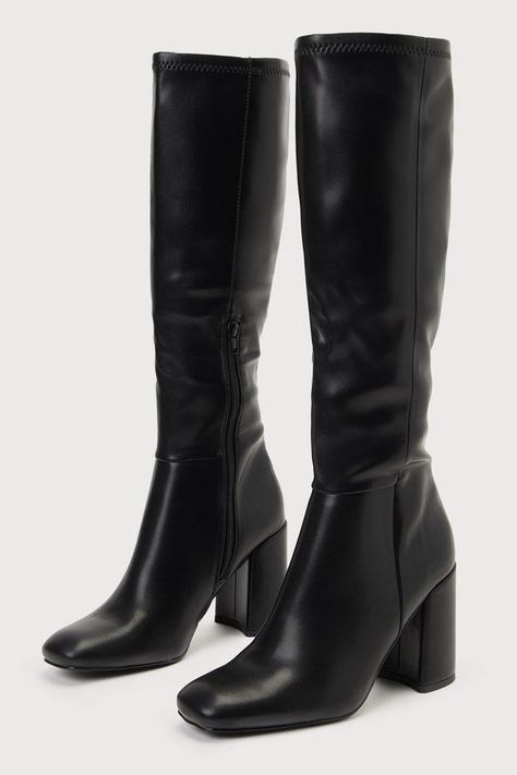 Tall Black Boots Small Heel, Trendy Long Boots, Knew High Black Boots, Black Leather High Boots, Knee High Black Boots, High Knee Boots, Knee High Heel Boots, Tall Black Boots, Black High Boots