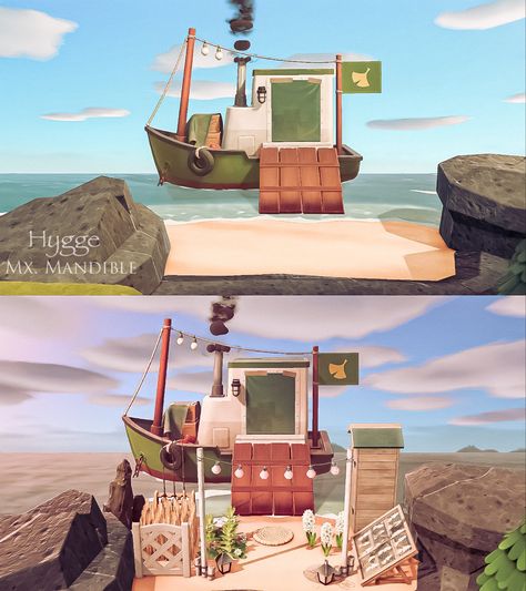 A before and after of Redd’s Beach on the Scandinavian island of Hygge! Acnh Scandinavian Island, Acnh Scandinavian, Acnh Beach Neighborhood, Acnh Ocean Theme, Ac Beach Ideas, Animal Crossing Island Beach Ideas, Acnh Airport Designs, Kapp'n's Pier Ideas Acnh, Acne Island Ideas