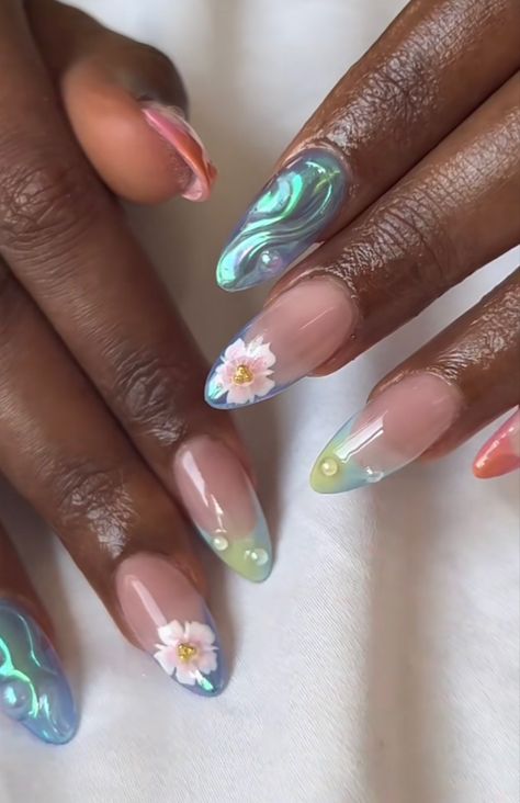 Silvermist Inspired Nails, Lily Pad Nail Art, Ponyo Inspired Nails, Pond Nail Art, Lily Pad Nails, Claude Monet Nails, Avatar Inspired Nails, Water Lily Nails, Fairy Tail Nails