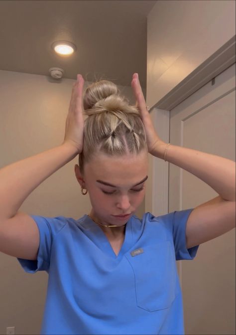 Nurse Style Hair, Dental Hygiene Hairstyles, Claw Clip Hairstyles Nurse, Nurse Hairstyles With Headband, Headband Hairstyles Updo Nurse, Hair For Nurses Hairstyles, Doctor Hairstyles, Nursing Student Hairstyles, Healthcare Hairstyles