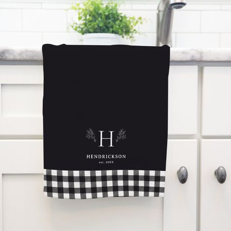 Featuring initial monogram surrounded by branches along with a last name and established date, and beautiful farmhouse plaid. #ad Monogram Kitchen, Black And White Kitchen, Wedding Mementos, Monogrammed Gifts, Beautiful Farmhouse, Initial Monogram, Newlywed Gifts, Kids Nursery Decor, Free Birthday Invitations