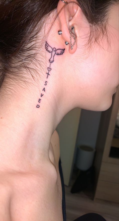 Christian Neck Tattoos, Tats With Meaning, Small Neck Tattoos, Side Neck Tattoo, Christian Tattoo, Stencil Outline, Cute Tats, Neck Tattoos Women, Neck Bones