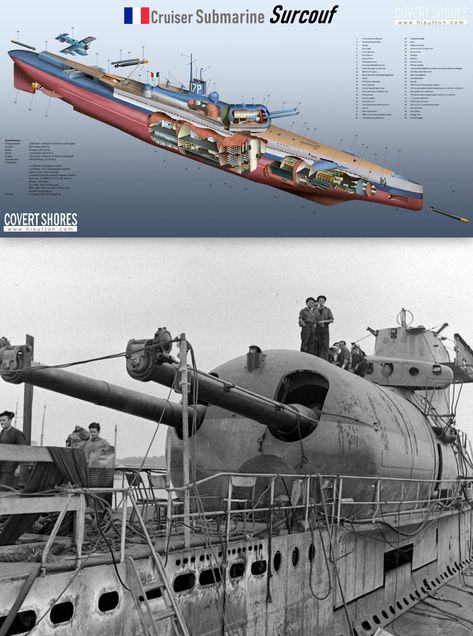 When it was launched in 1929, the French cruiser submarine FS Surcouf was without parallel in the World, and remained the largest and most heavily armed until the final years of World War II. The concept of a cruiser submarine was influenced by the German Navy’s U-boat warfare of World War I. Planners envisioned a submarine which roam the ocean, far away from port, picking off enemy merchant ships. On 2 February 1942 she departed Halifax. She was last reported on the night of 18/19 February 1942 U Boat Submarines, Dieselpunk Submarine, Submarine Concept, World Of Warships Wallpaper, Largest Submarine, Soviet Navy, 19 February, German Submarines, U Boat