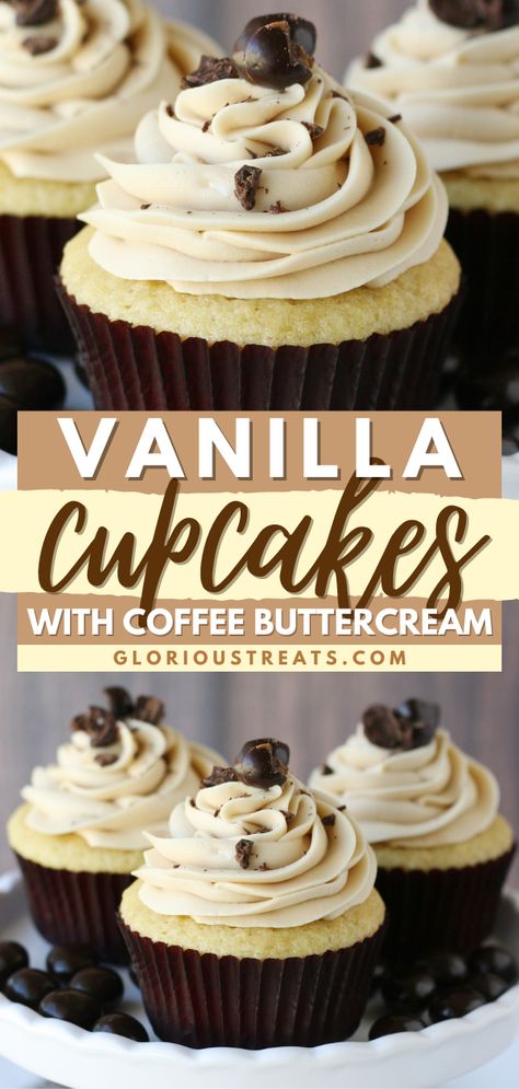 Vanilla Cupcakes with Coffee Buttercream, Valentine's dessert ideas, Valentine treats Amazing Cupcake Flavors, Flavorful Cupcakes, Unique Cupcake Flavors, Gourmet Cupcake Recipes, Homesteading Recipes, Coffee Icing, Sunshine Committee, Chocolate Covered Espresso Beans, Coffee Buttercream