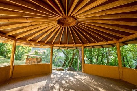 Yoga platform: Tucked among the trees, a peaceful pavilion ideal for yoga or meditation. Yoga Shala Outdoor, Yoga Pavilion Design, Yoga Platform Outdoor, Yurt Platform, Outdoor Yoga Platform, Meditation Pavilion, Yoga Pavilion, Outdoor Meditation Space, Yoga Platform