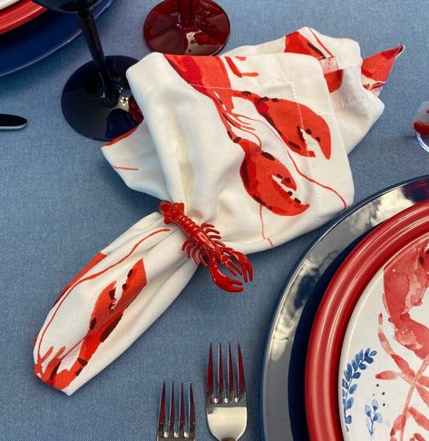 Lobster Food, Small Jam Jars, Lobster Party, Dinner Tablescape, Whispers Of The Heart, Red Lobsters, Vintage Napkin Rings, Summer Tablescapes, Gingham Tablecloth