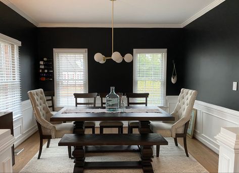 Black And White Formal Dining Room, Charcoal Grey Dining Room, Black Wainscoting Dining Room, Black Walls White Trim, Waynes Coating Dining Room, Black Accent Wall Dining Room, Dining Room Decor Black, Black And White Dining Room, Bright Dining Rooms