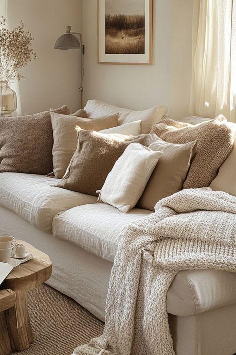 Decorate with warm beige tones for a soft and timeless look. #BeigeAesthetic #WarmInteriors #NeutralDecor Beige Aesthetic House, Cozy Minimal Living Room, Warm Beige Aesthetic, Living Room Design Beige, Beige Aesthetic Home, Warm Neutral Living Room, Beige Apartment, Cali House, School Apartment