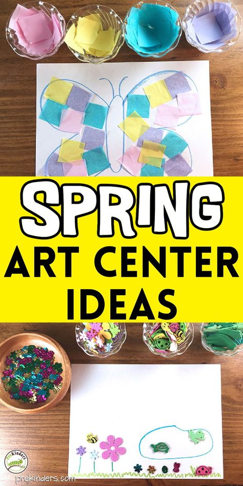 These fun and creative Spring Art Center ideas from PreKinders will help your preschool artists create some Spring inspired art. So often we give children the same bright colored art materials, those “8 basic colors” to use all year long. Spring is a great time to change it up and introduce some pastels. Check out this fun preschool learning activity! Art Center Ideas Preschool, Art Center Ideas, Montessori Crafts, Spring Preschool Activities, Christian Preschool, Spring Kindergarten, Preschool Arts And Crafts, Spring Preschool, Spring Crafts For Kids