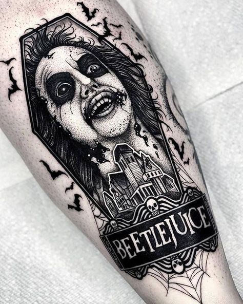 Beetlejuice Tattoo, Tim Burton Tattoo, Horror Movie Tattoos, Black Cat Tattoos, Movie Tattoos, Tattoo Magazine, Scary Tattoos, Beetlejuice Beetlejuice, Creepy Tattoos