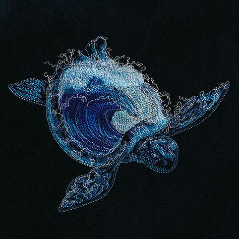 Dive into creative new projects with this mesmerizing machine embroidery design. The sea turtle's shell is made of an ocean tidal wave! Contains sheer stitching and the black areas are open to fabric. Make pillows, sweatshirts, totes, and more using dark-colored fabrics for best results. Turtle Embroidery, Sea Turtle Shell, Waffle Weave Towels, Animal Embroidery Designs, Urban Threads, Tidal Wave, Cat Items, Turtle Shell, Animal Embroidery