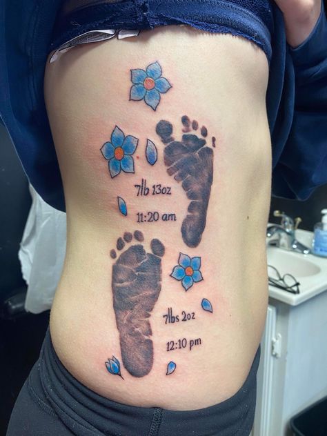 Flowers, weight, and time of birth Baby Footprints, Print Tattoos, Paw Print Tattoo, Paw Print, Tatting, Tattoos, 10 Things, Flowers